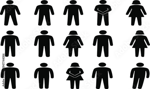 Collection of sixteen black silhouette icons showing diverse human figures in varied postures, attire, and hairstyles for design, classification, and architectural layout use