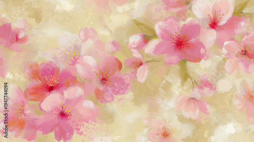 Pattern of pink cherry blossoms with green leaves set against a light gray background, suitable for fabric, wallpaper, or decorative purposes