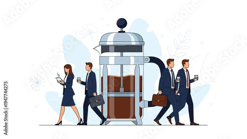 Business professionals walking and carrying coffee cups around a massive french press representing office coffee culture.