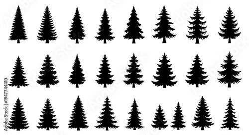 Diverse Collection of Stylized Black Fir Tree Silhouettes on a White Background