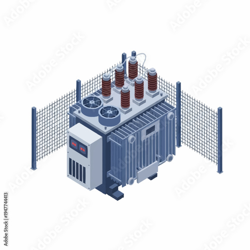 An isometric illustration of a large industrial electrical transformer enclosed by a safety fence, featuring cooling fans and electrical terminals.