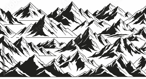Dramatic Black and White Mountain Range Panorama with Jagged Peaks and Sharp Shadows