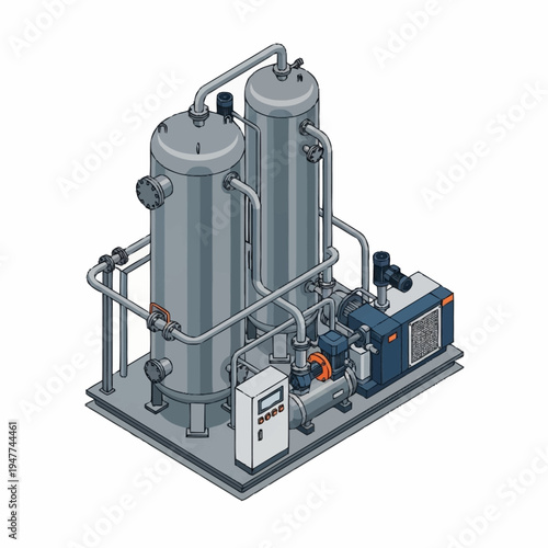 Isometric illustration of an industrial air dryer system with two large vertical tanks, a pump, and a control panel on a platform.