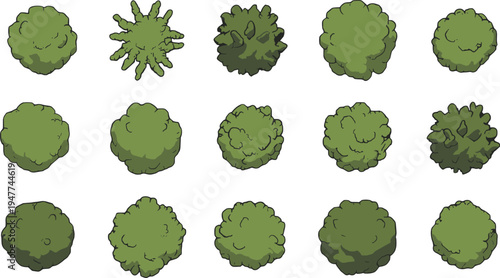 Collection of green tree and bush canopy top view icons isolated on white, detailed foliage shapes for landscape design, maps, garden planning, and nature illustrations