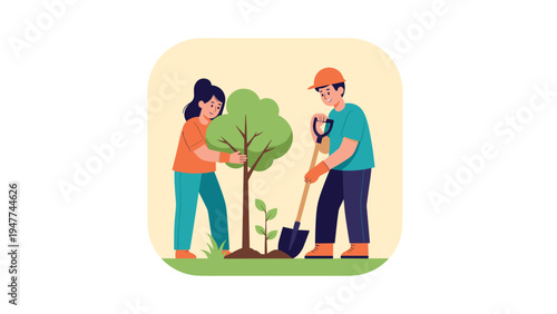 Two young volunteers working together to plant a small tree in the ground as part of an environmental conservation project.