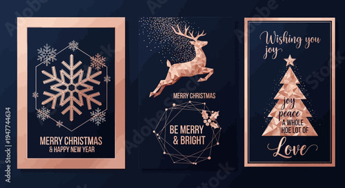 Elegant Rose Gold Christmas Cards with Geometric Designs and Festive Greetings