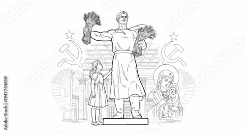 Stylized artwork depicts a girl near a harvest-themed sculpture and religious figures