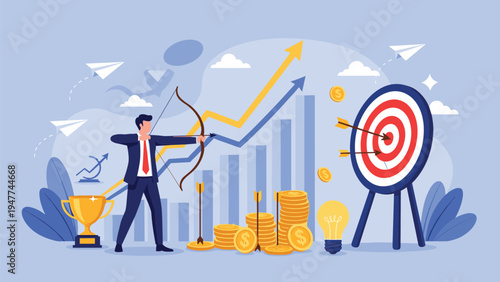 Successful businessman aiming a bow and arrow at a target with growing financial charts and money in the background.