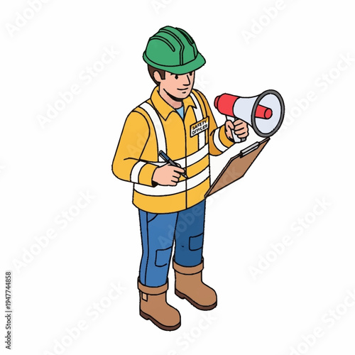 A construction worker in a hard hat and safety vest holds a megaphone and a clipboard, ready to give instructions.
