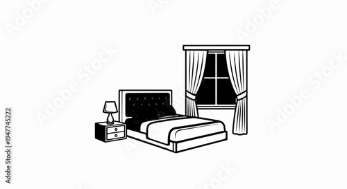 Stylized bedroom with a bed, nightstand, lamp, and window with curtains