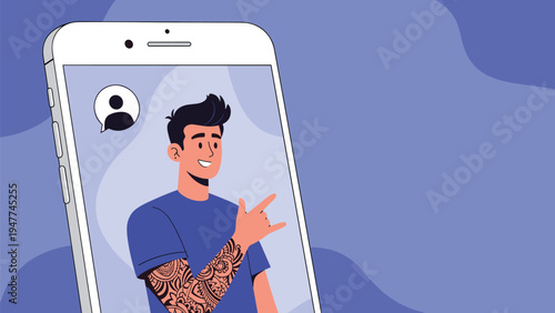 Illustration of a cool young man with arm tattoos appearing on a large white smartphone screen against a blue background.