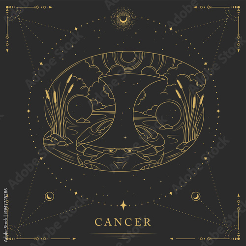 Modern magic witchcraft card with astrology Cancer zodiac sign on space background. Line art vector illustration