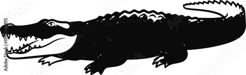 Stylized black alligator with mouth open showing sharp teeth