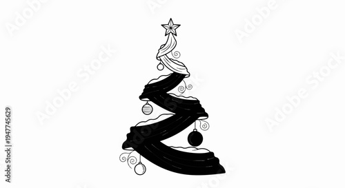 Stylized black and white Christmas tree with a star topper and ornaments