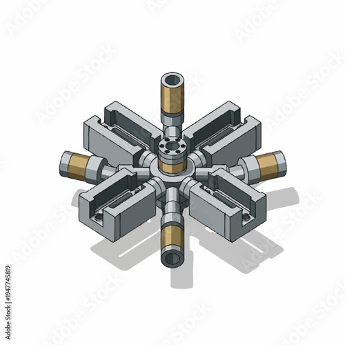 A 3D isometric rendering of a complex mechanical device with multiple arms radiating from a central hub, featuring metallic components and cylindrical elements.