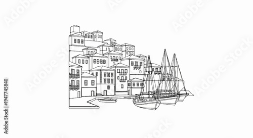 Sketch of a seaside village with sailboats moored in the harbor
