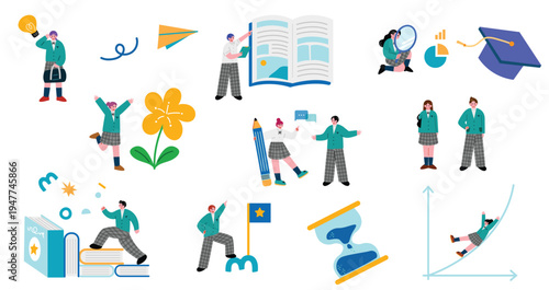 制服を着た高校生の男女のイラストセット