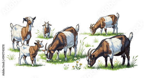 A charming illustration portrays a peaceful family of domestic goats, including adults and playful kids, grazing on lush green grass and wildflowers in a serene, sunlit rural meadow