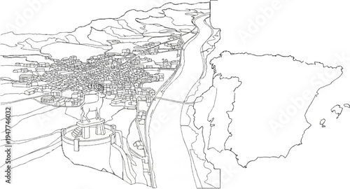 Sketch of a town on a riverbank with a deer statue and map of Spain