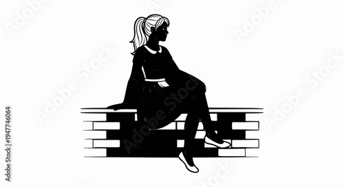 Silhouette of a woman with pigtails sitting on a brick ledge, looking away