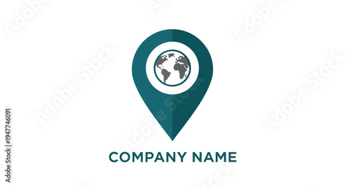 Company logo with globe and location pin.