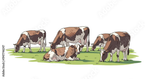 Illustration of several cows grazing peacefully on a lush green field under a clear sky
