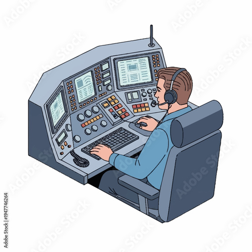 Illustration of a man working at a control panel with monitors.