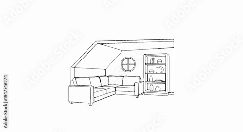 Sketch of a sectional sofa and bookshelf in a room with sloped ceiling