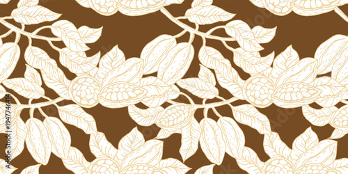 Cocoa pods seamless pattern with fruits and leaves, seeds in sketch style. Outline vector illustration. Cocoa chocolate food background.