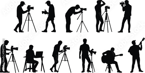 Collection of photographer and videographer silhouettes using camera and tripod creative media production professionals filming shooting and recording content isolated on white background set