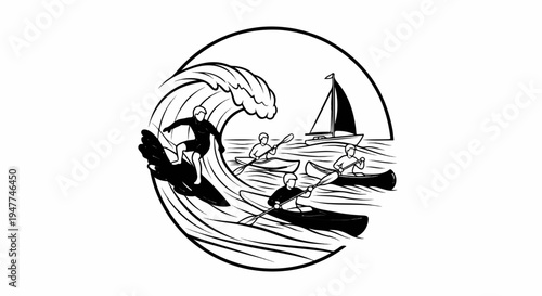 Stylized circular depiction of ocean activities surfing, kayaking, and sailing