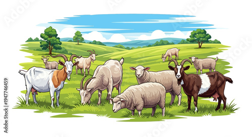 Idyllic rural landscape illustration featuring a vibrant group of happy sheep and goats grazing peacefully on verdant pastures under a clear sky, showcasing farm animals in a serene setting