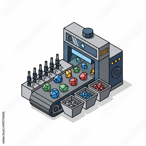 Isometric illustration of a futuristic gemstone processing and sorting machine on a conveyor belt.