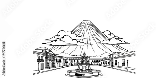 Sketch of a volcanic mountain overlooking a town square with a fountain