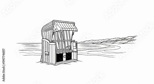 Sketch of a woven beach chair on a sandy shore with distant hills