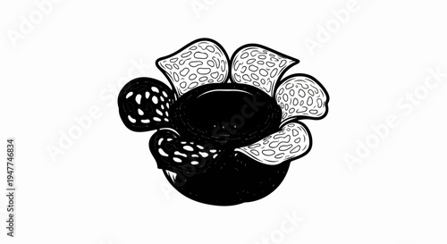 Stylized black and white sketch of a blooming flower with patterned petals