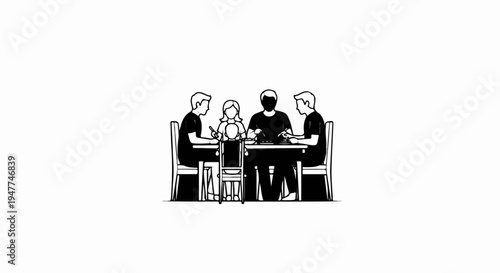 Stylized black and white illustration of a family dining together