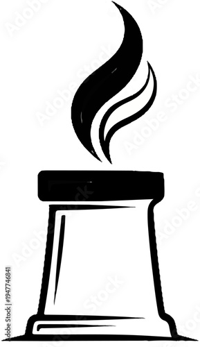 Stylized black and white illustration of a flame above a vessel