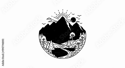 Stylized circular mountain landscape with sun, river, and trees
