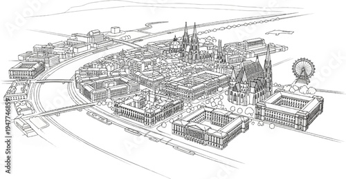 Sketch of an ornate European cityscape with a river, bridges, grand architecture, and a Ferris wheel