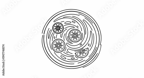 Stylized circular pattern with citrus slices and swirling liquid design