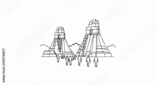 Sketch of ancient stepped pyramids with people gathered