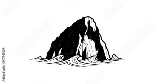 Stylized black and white illustration of a jagged rock island surrounded by waves