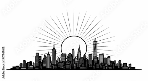 Stylized city skyline with sunburst