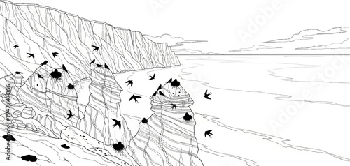 Sketch of birds nesting on coastal cliffs above a wavy sea