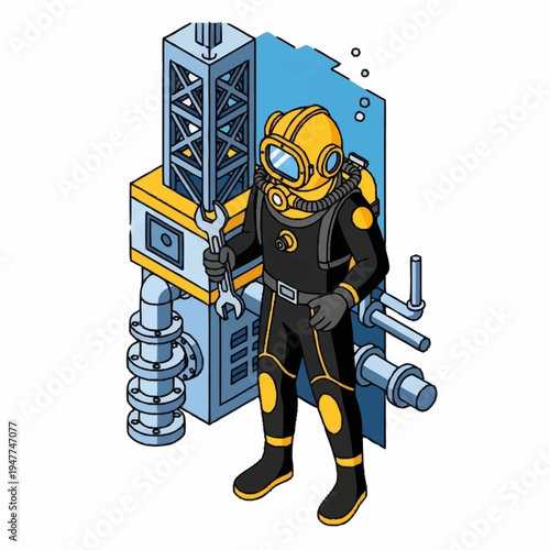 Isometric illustration of a deep sea diver holding a wrench in front of an underwater structure.