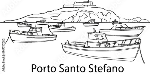 Sketch of boats docked in a harbor with a castle on a hill in the background