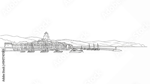 Sketch of coastal town with boats in the harbor and hills