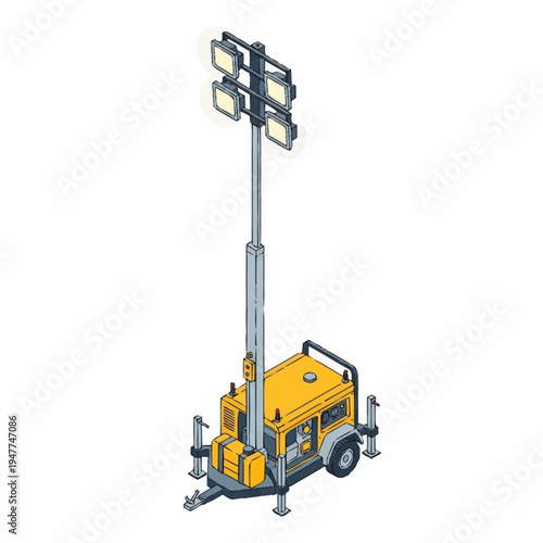 Isometric illustration of a mobile light tower with four lamps on a telescopic mast.