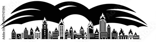 Stylized cityscape with buildings engulfed in flames under a dark, wavy sky